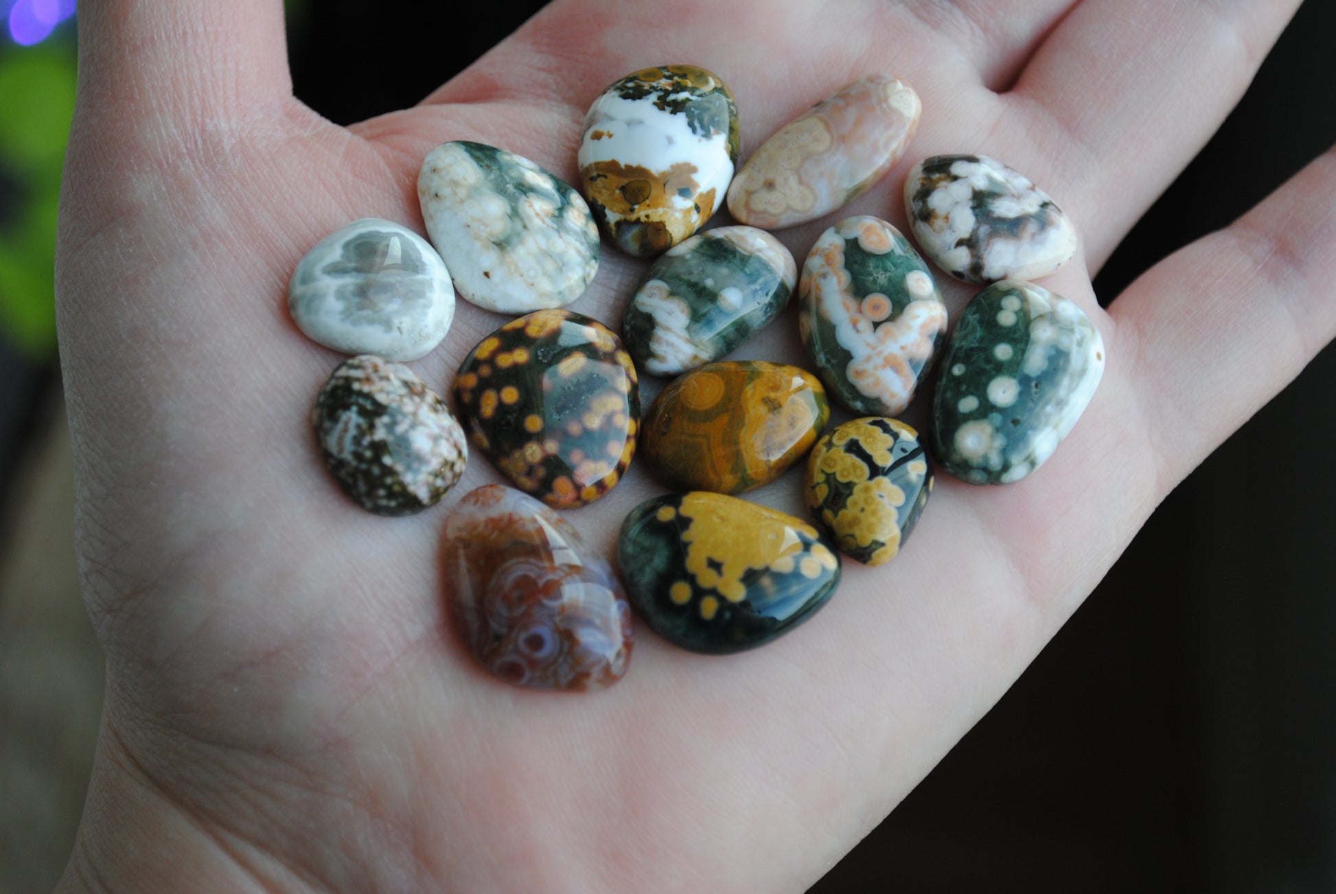 Hand holding a collection of multicolored stones with a blurred background