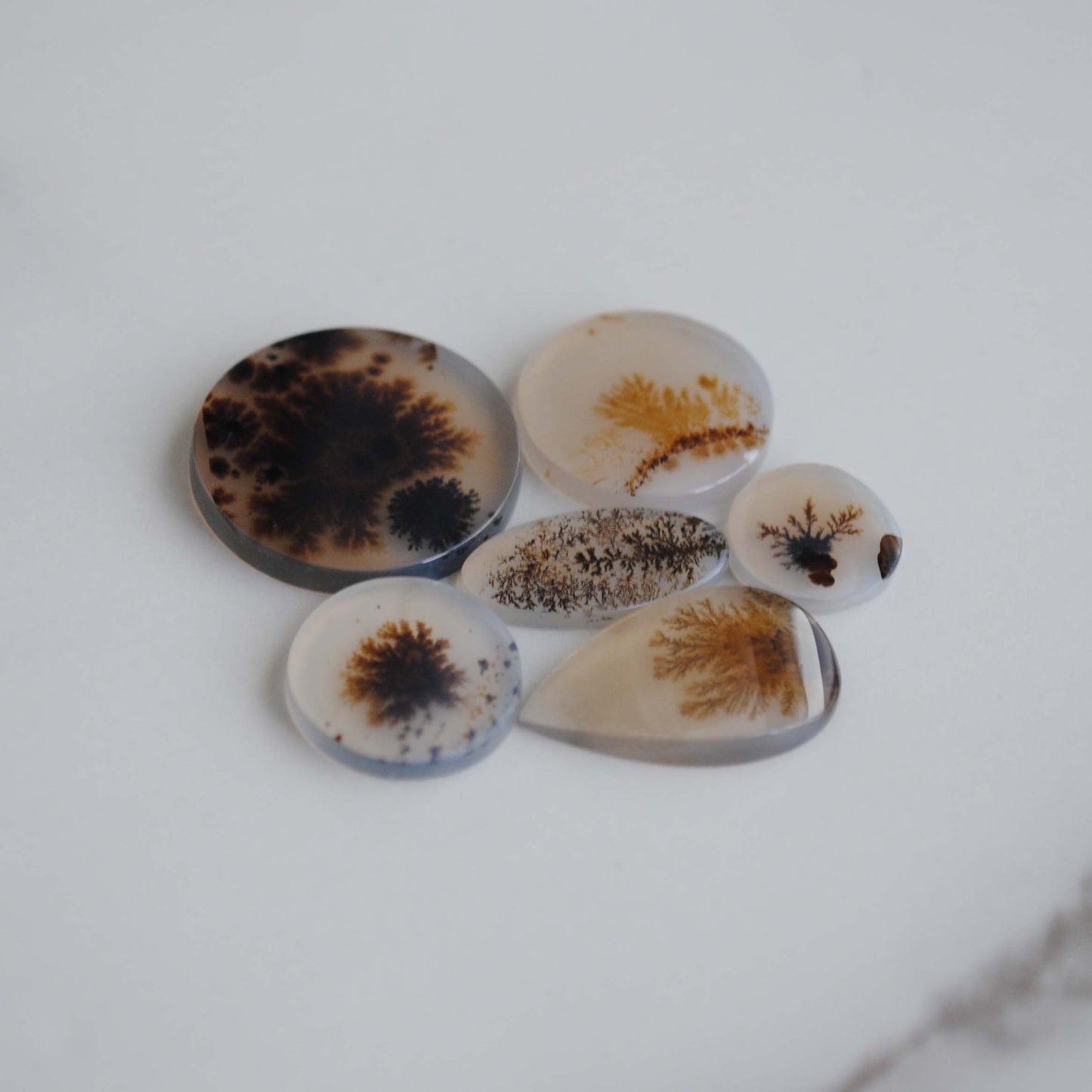 Dendritic agate stones with dendrite patterns on a light background