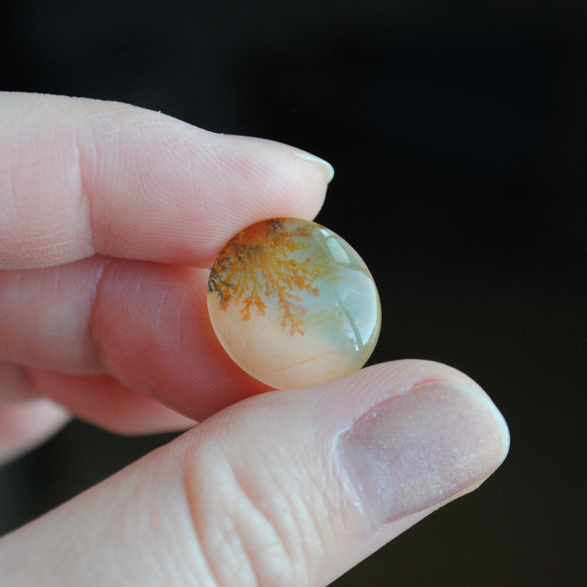 Dendritic agate stone with dendrite patterns on a light background