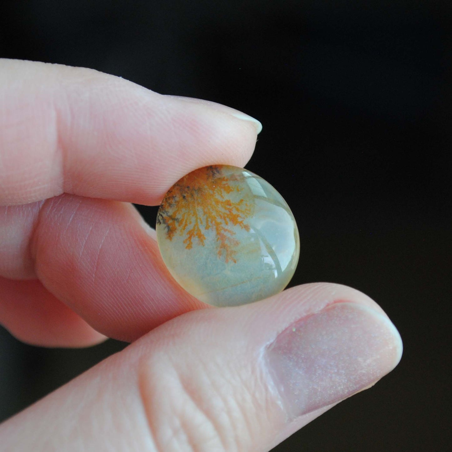 Dendritic agate stone held by fingers