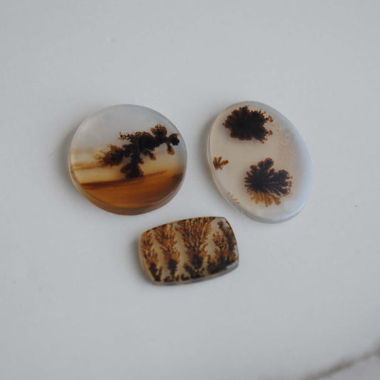 Dendritic agate stones on a light background