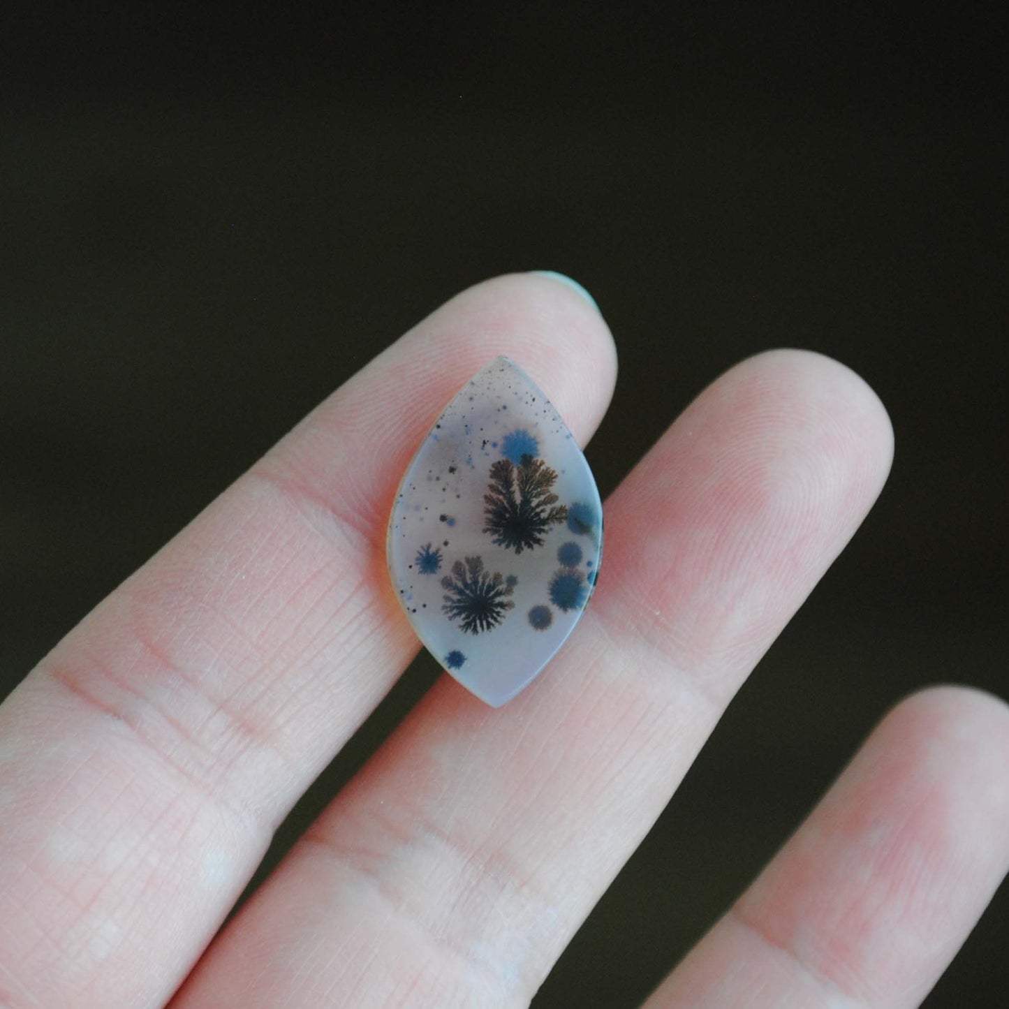 Dendritic agate stone held by fingers