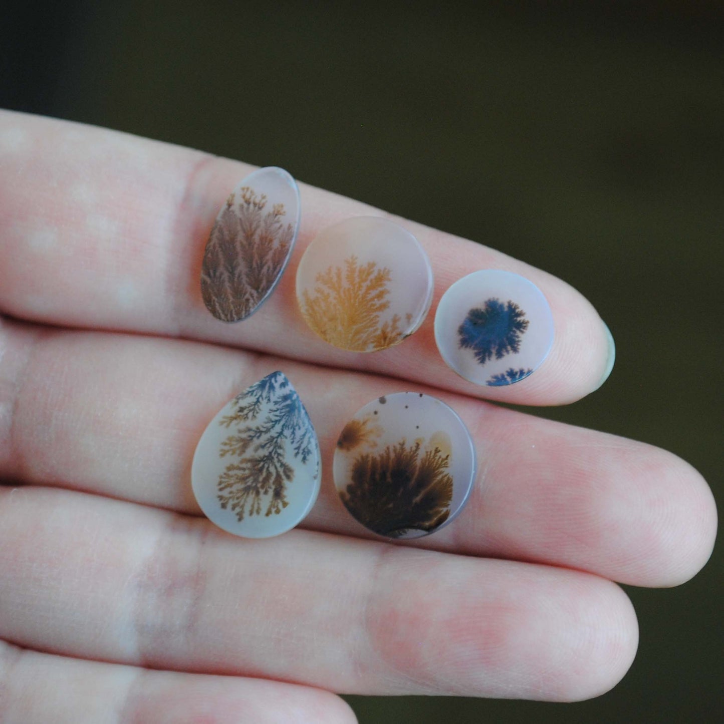 Dendritic agate stone held on fingers