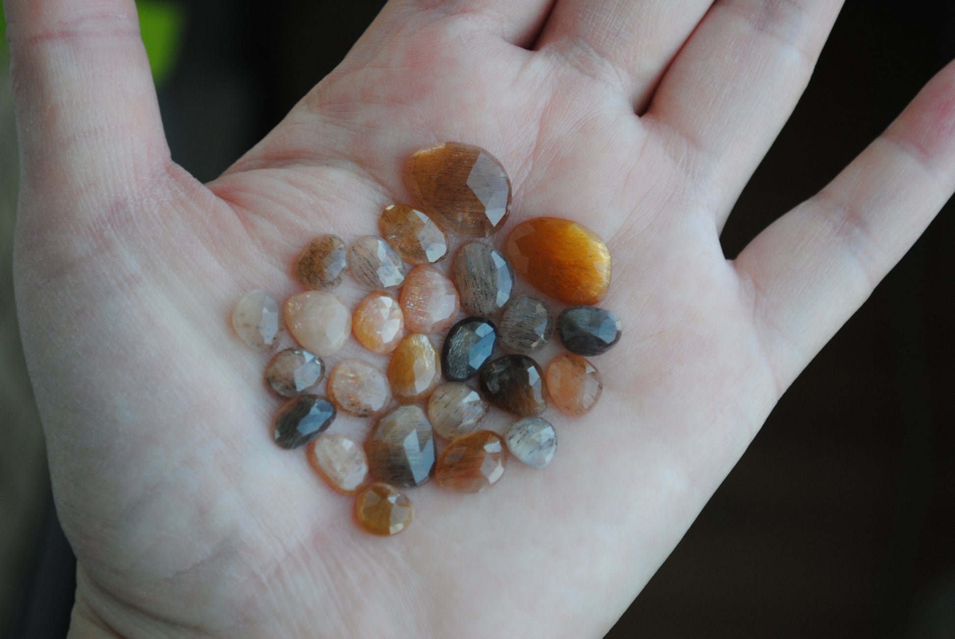 Golden sheen moonstone rose cut cabochons on palm of hand