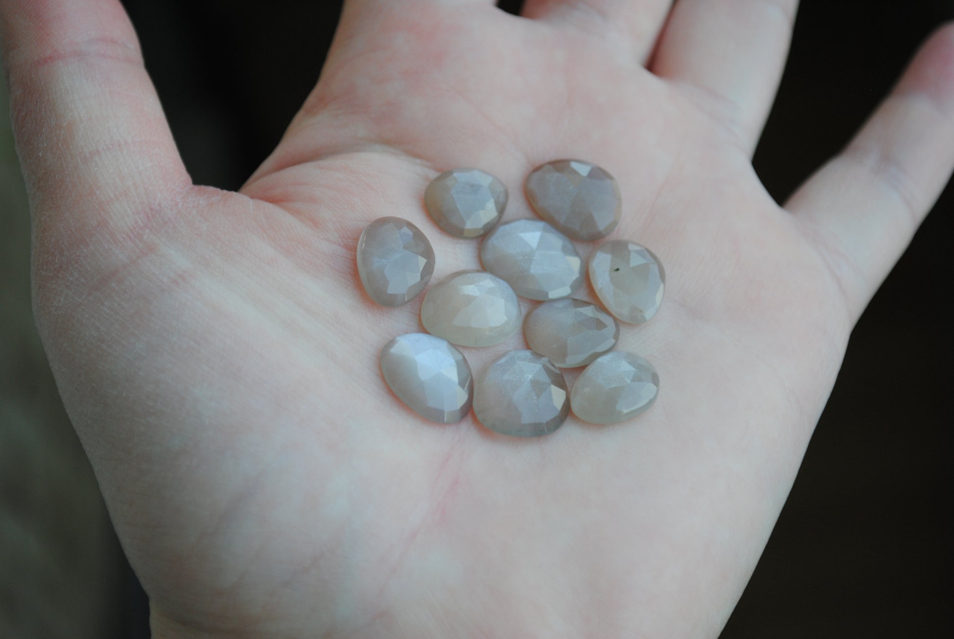Grey moonstone rose cut cabochons on palm of hand