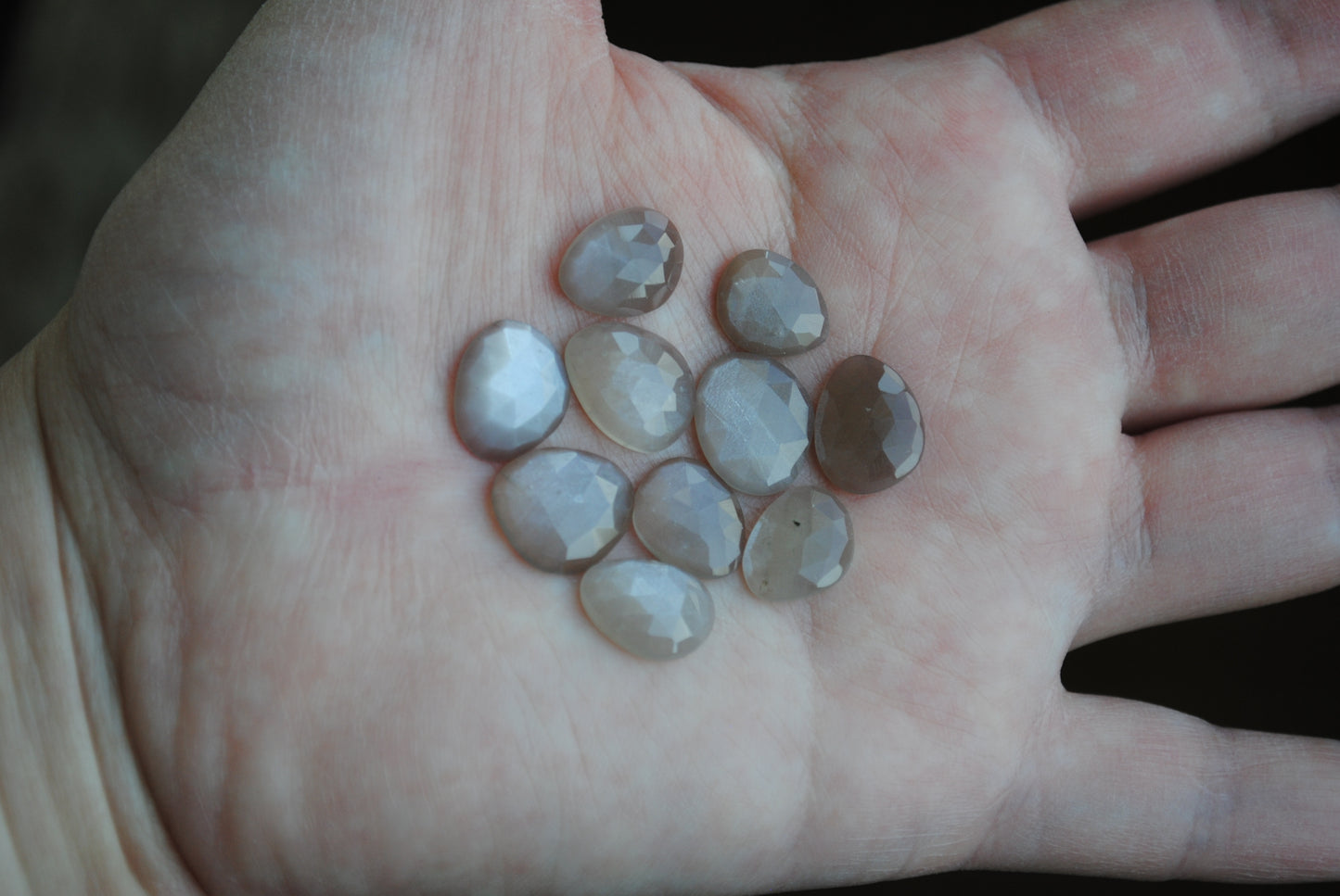 Grey moonstone rose cut cabochons on palm of hand