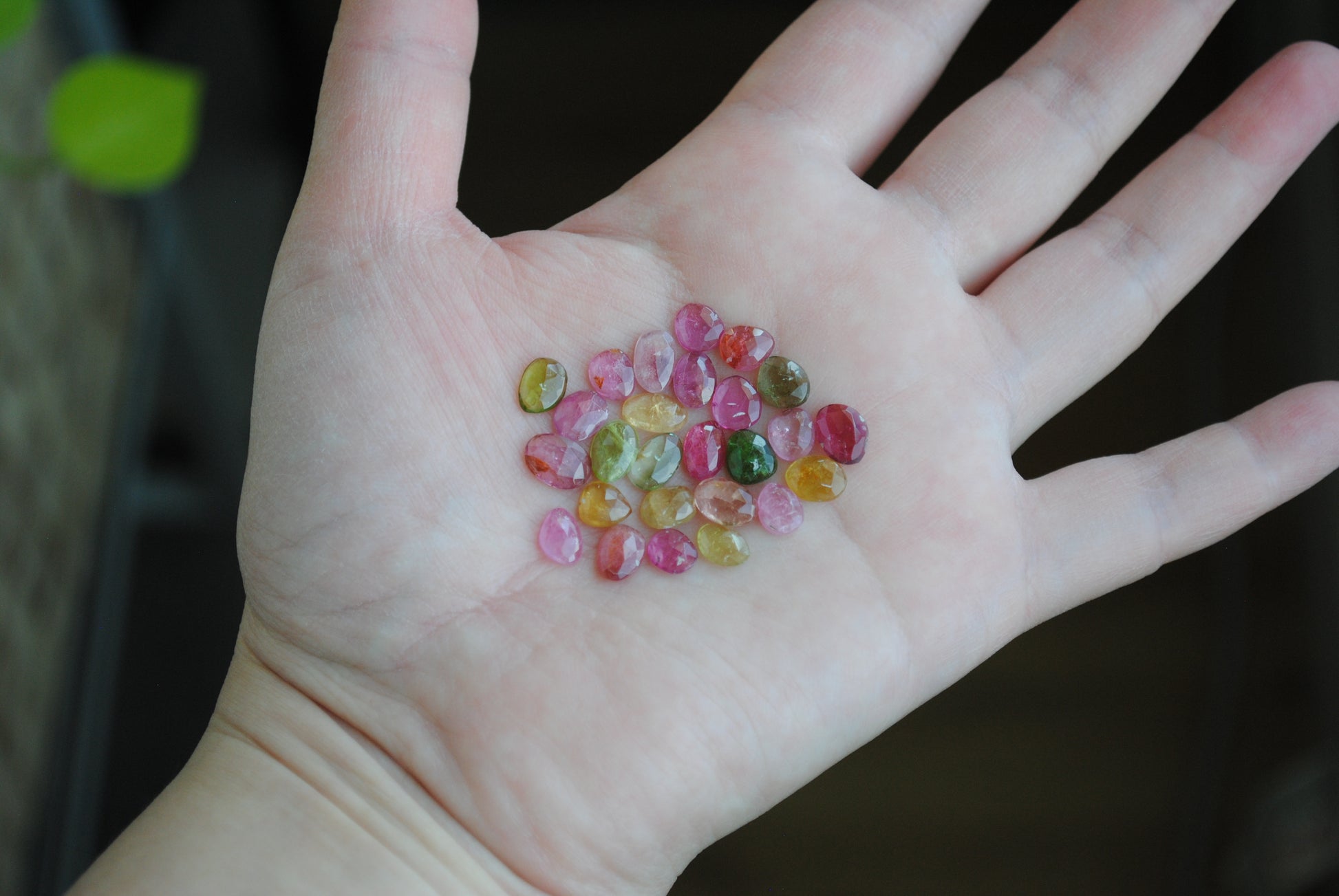 Tourmaline rose cut cabochons on palm of hand