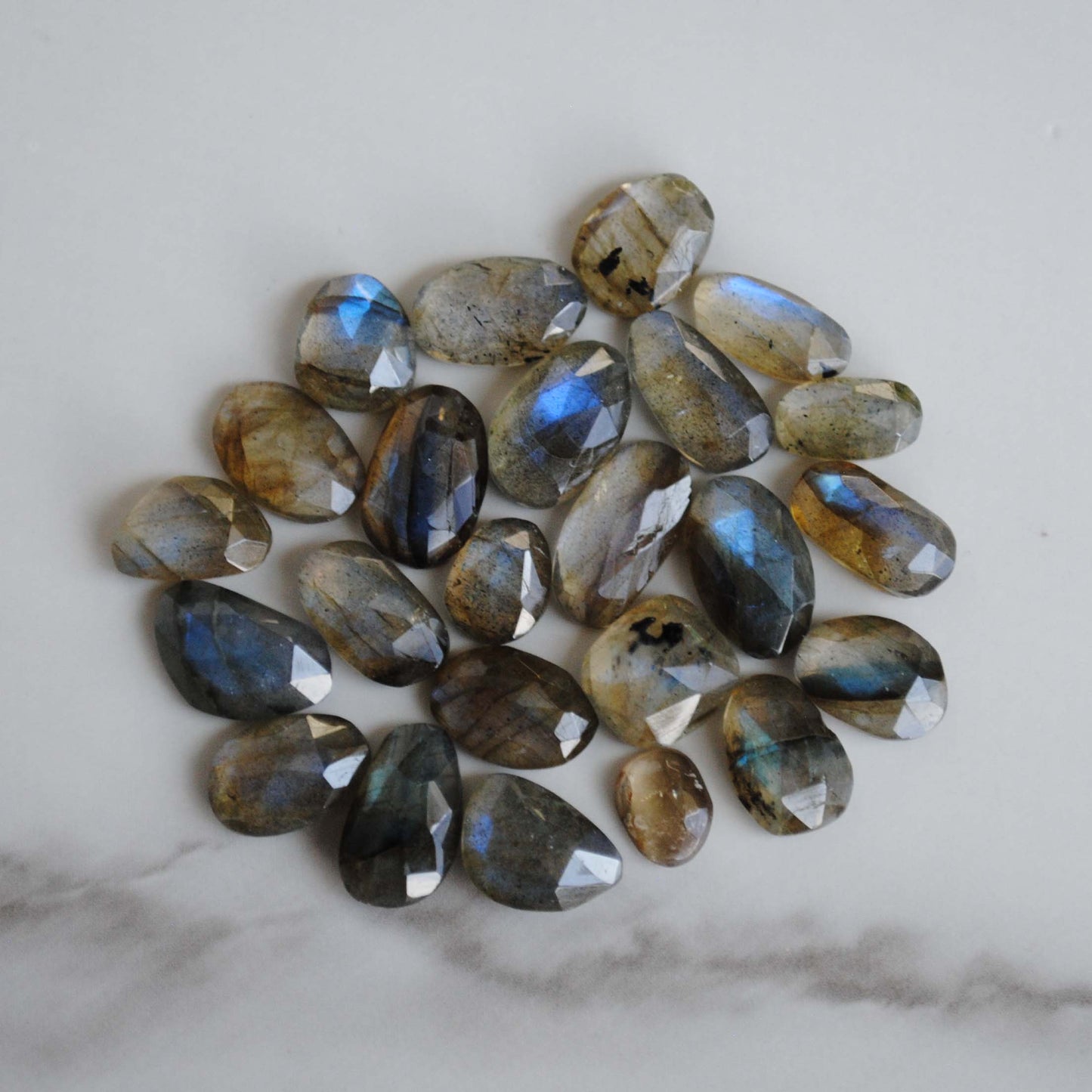 Labradorite rose cut cabochons on light background