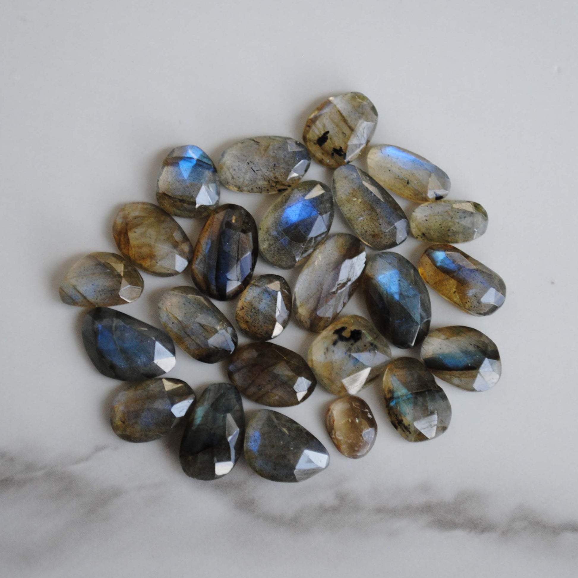 Labradorite rose cut cabochons on light background